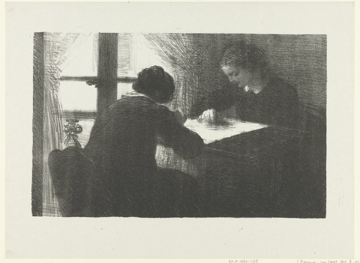 Twee vrouwen borduren aan tafel bij raam in interieur door Ignace Henri Jean Fantin Latour