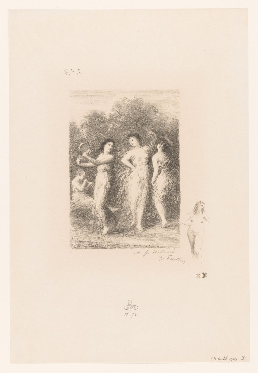 Vier jonge vrouwen dansen en maken muziek door Ignace Henri Jean Fantin Latour