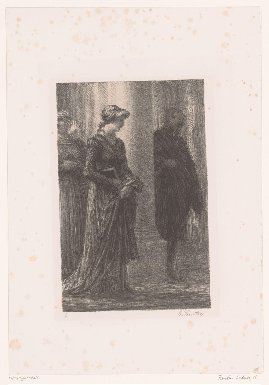 Walther von Stolzing merkt Eva Pogner op in de kerk door Ignace Henri Jean Fantin Latour