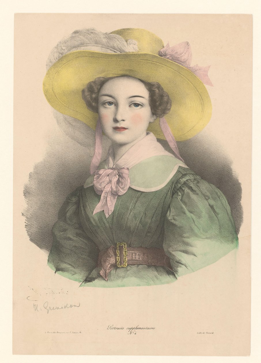 Portret van een jonge vrouw met hoed met veer en strik door Henri Grevedon