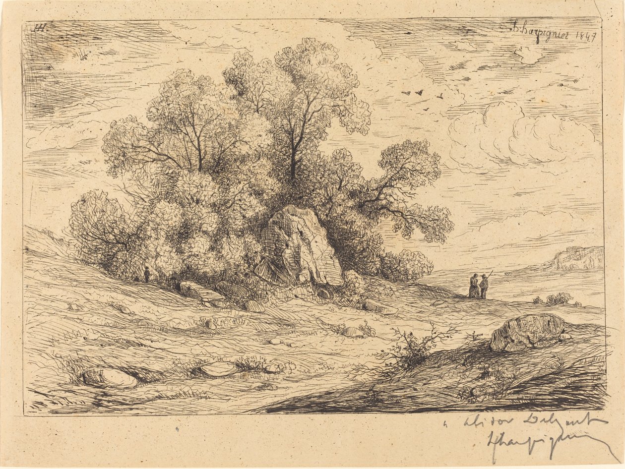 Boomgroep bij rotsen door Henri Joseph Harpignies