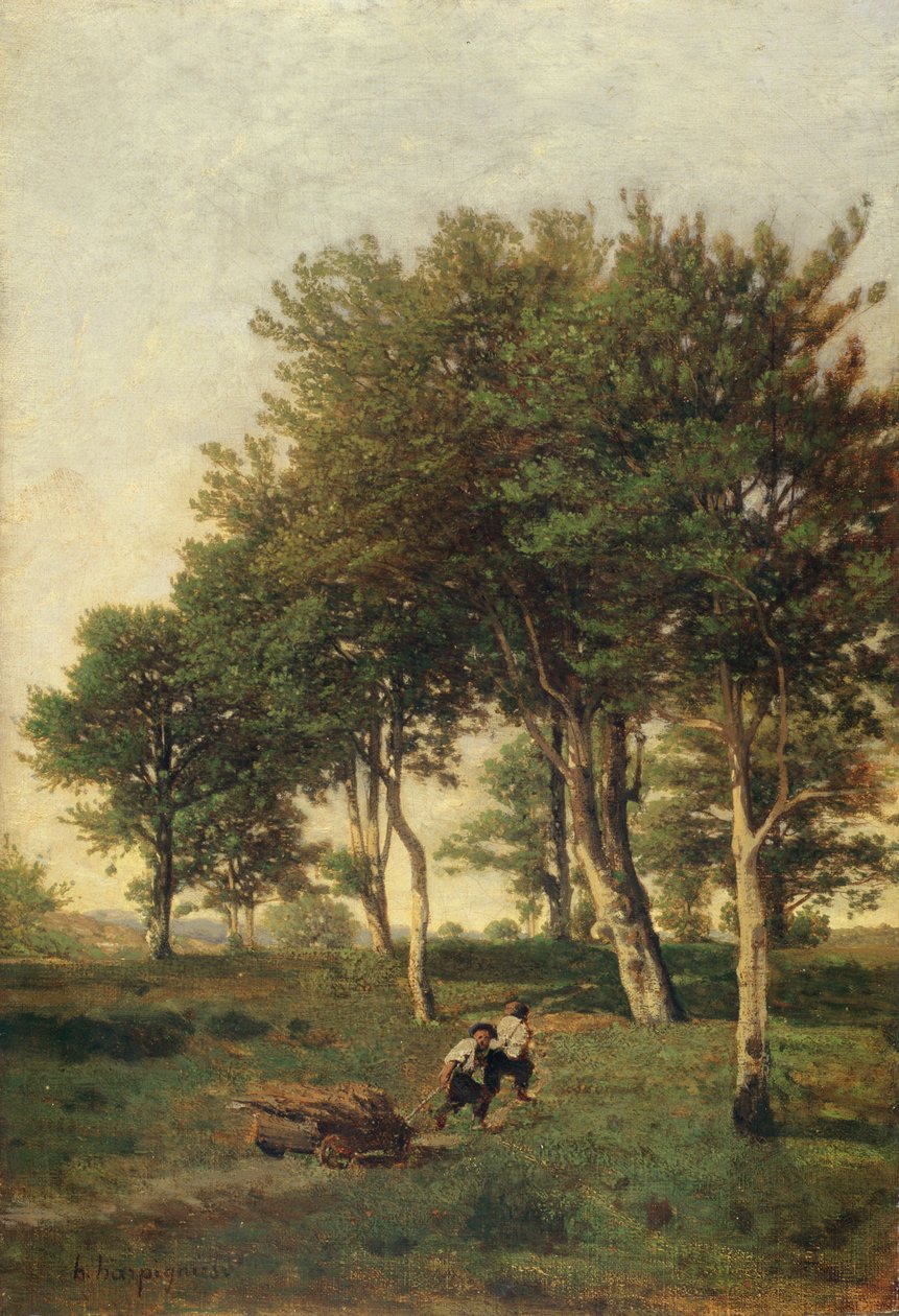 Landschap met twee jongens die brandhout dragen, 1894 door Henri Joseph Harpignies