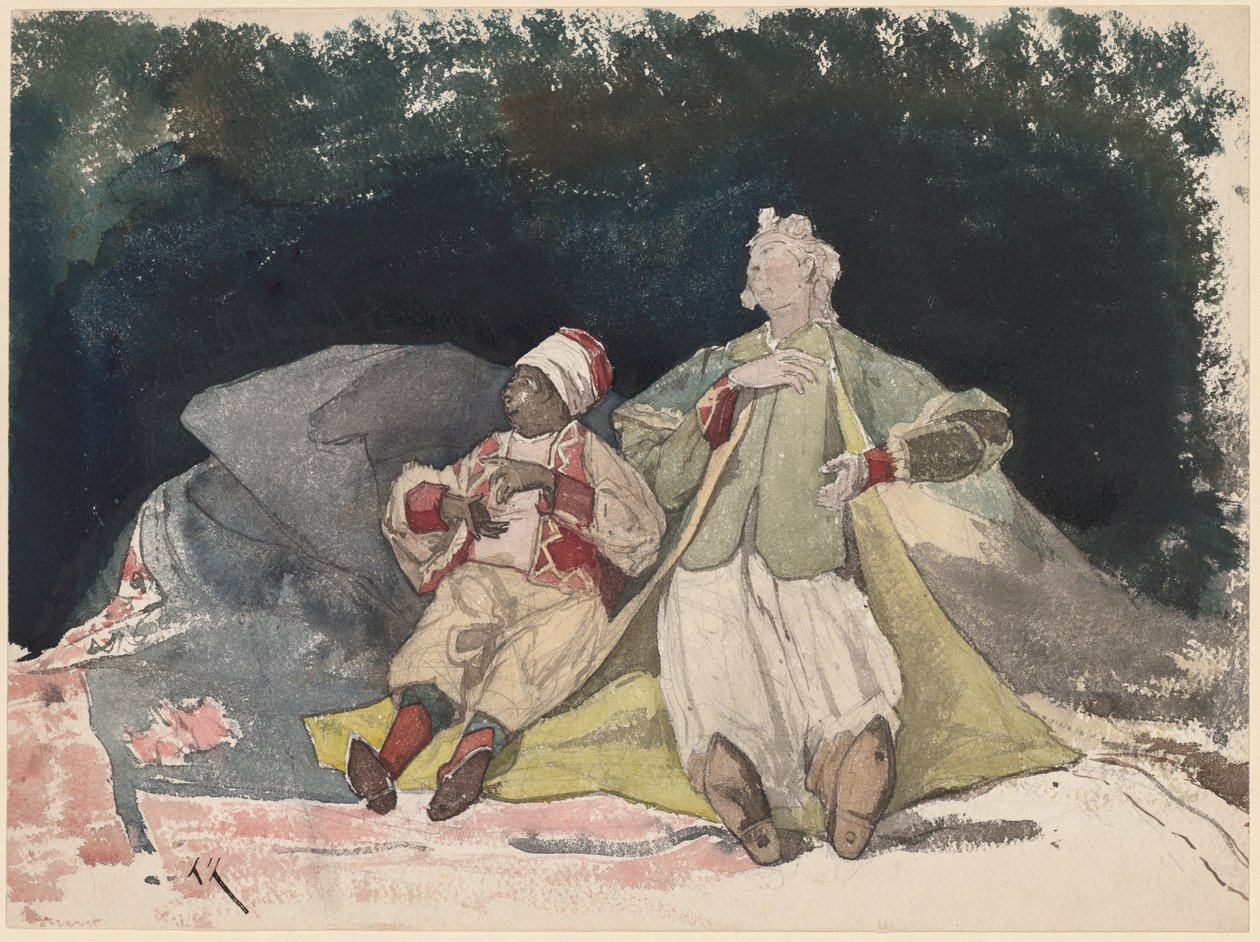 Twee poppen of marionetten zittend op kussens door Henri Joseph Harpignies