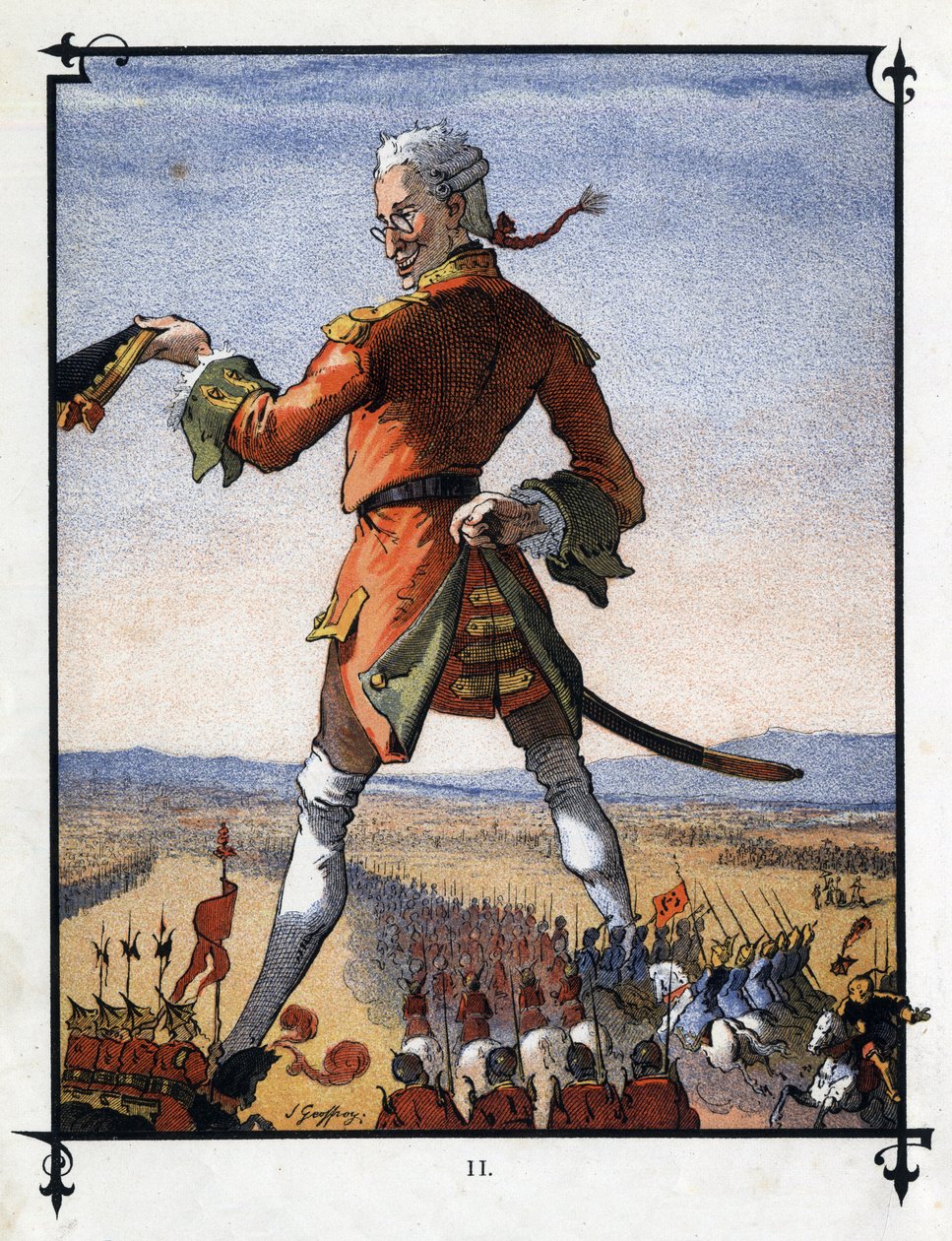 Lemuel Gulliver beveelt het leger van de Lilliputters. Illustratie voor 