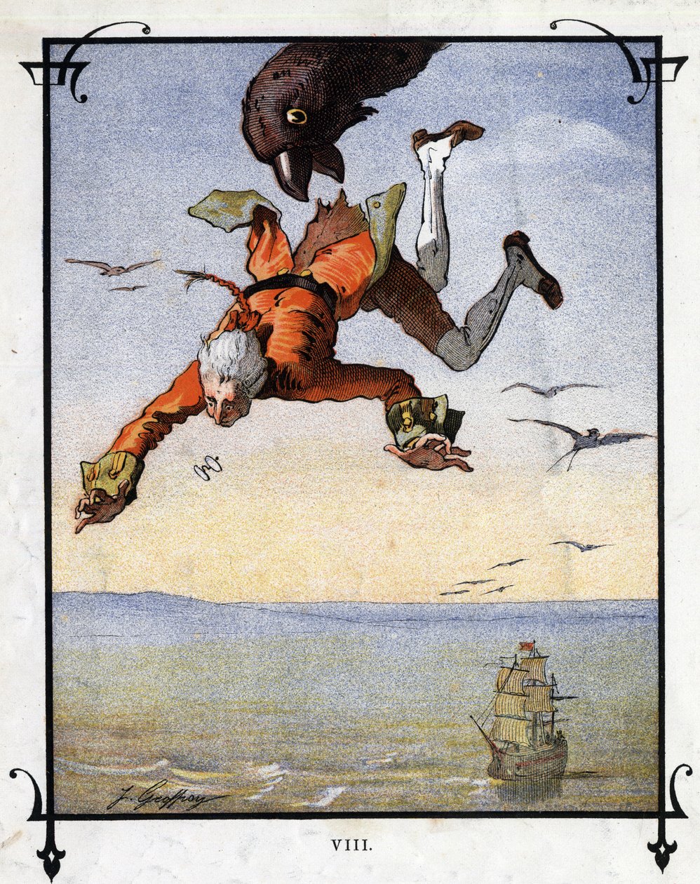 Lemuel Gulliver wordt meegenomen door een adelaar. Illustratie voor 
