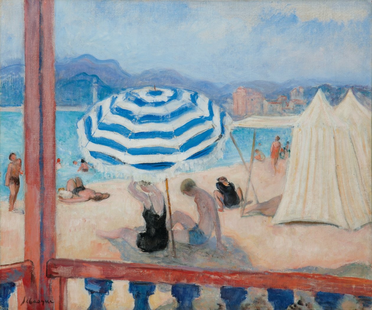 Cannes, blauwe parasol en tenten door Henri Lebasque