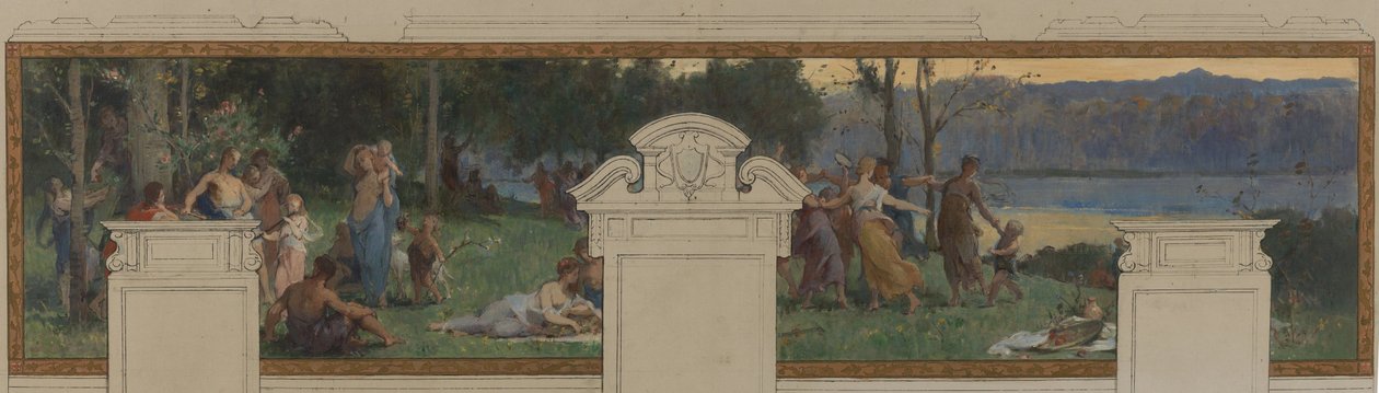 Schets voor het stadhuis van Pantin: Allegorieën van het Ourcq-kanaal, Arbeid en Navigatie - Fête champêtre (plafond en wandpaneel) door Henri Leopold Levy