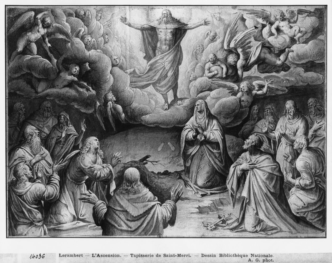 Leven van Christus, Hemelvaart, voorbereidende studie van tapijtkarton voor de Kerk Saint-Merri in Parijs, ca.1585-90 door Henri Lerambert