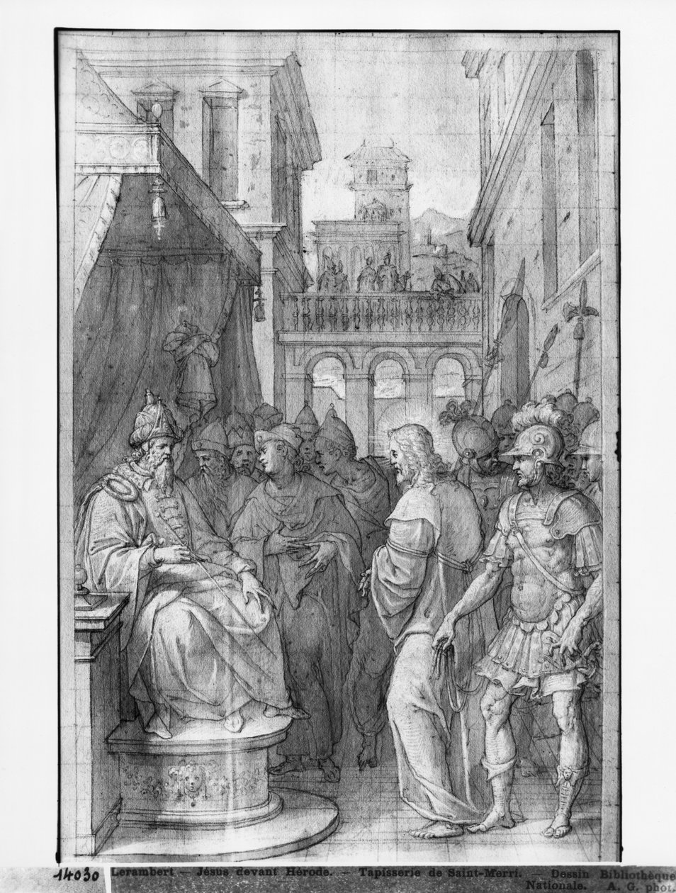 Leven van Christus, Christus voor Herodes, voorbereidende studie van tapijtkarton voor de Kerk Saint-Merri in Parijs, c.1585-90 door Henri Lerambert