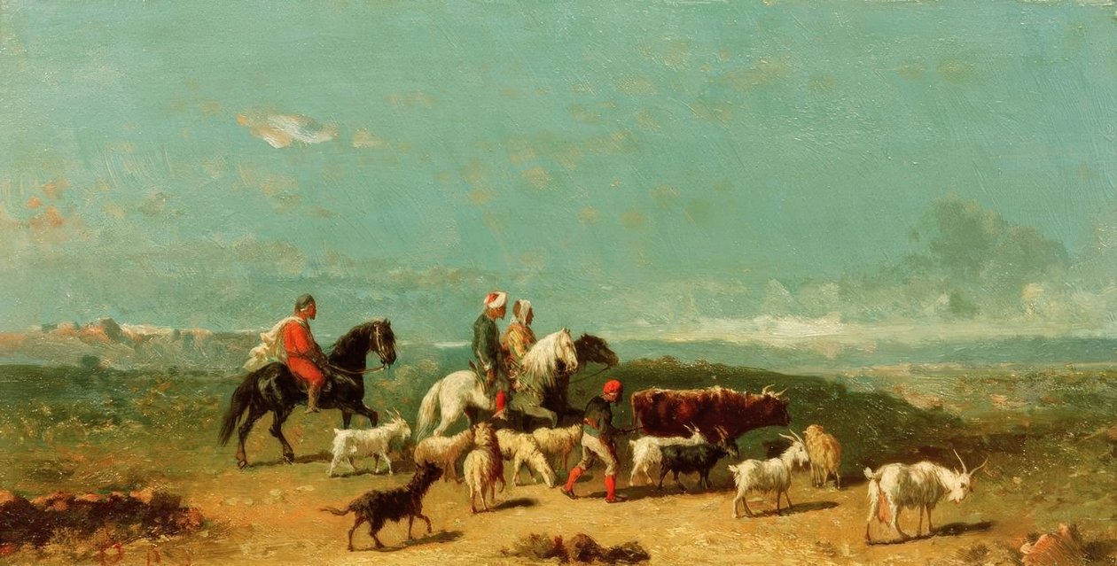 Arabische ruitergroep met een geitenhoeder in een uitgestrekt landschap door Henri Lucien Robert