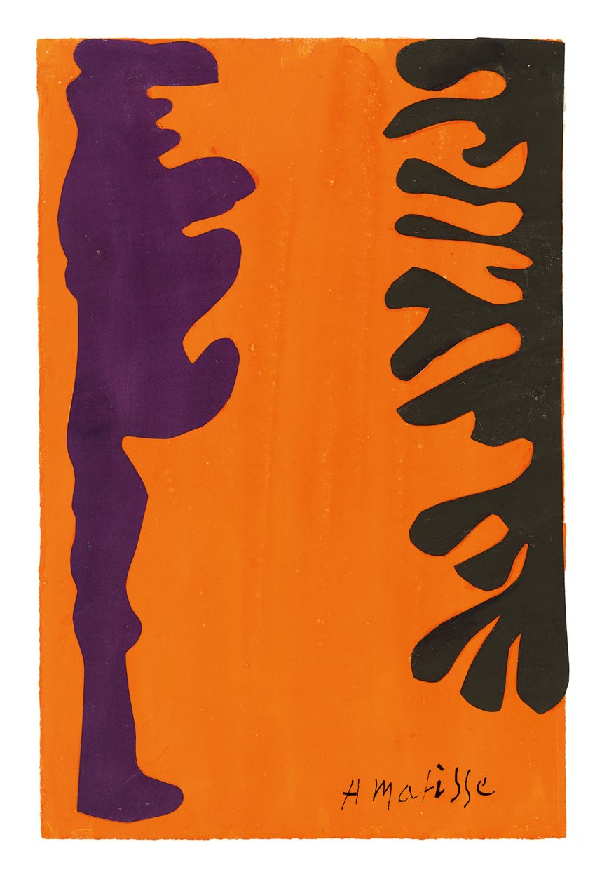 Zwarte en violette arabesken op oranje achtergrond door Henri Matisse