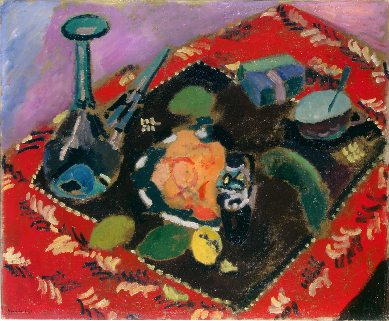 Gerechten en fruit op een rood en zwart tapijt (Le Tapis Rouge) door Henri Matisse