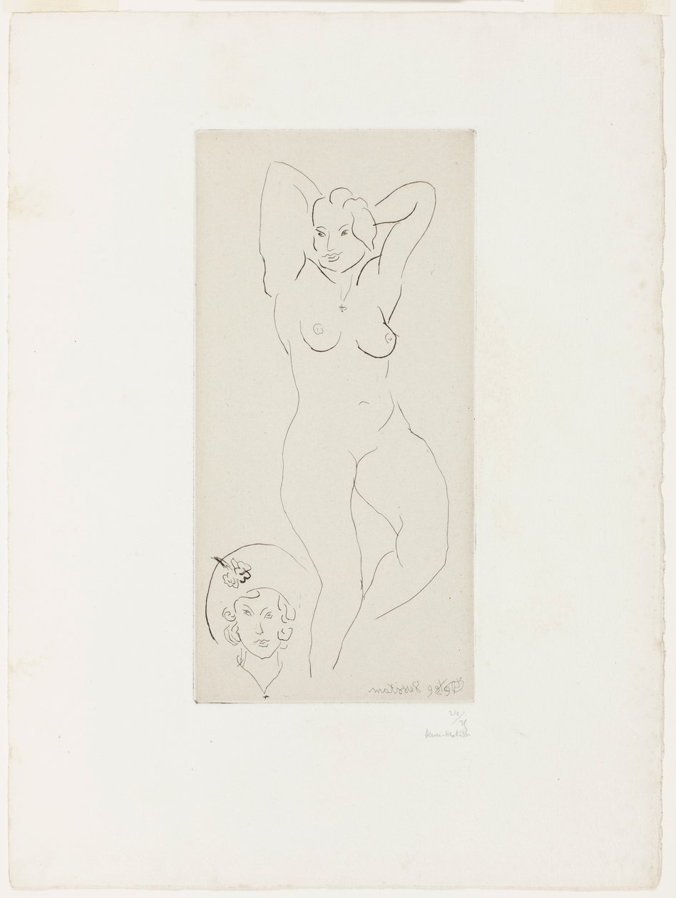 Vrouwelijk naakt met geheven armen en vrouwenhoofd door Henri Matisse