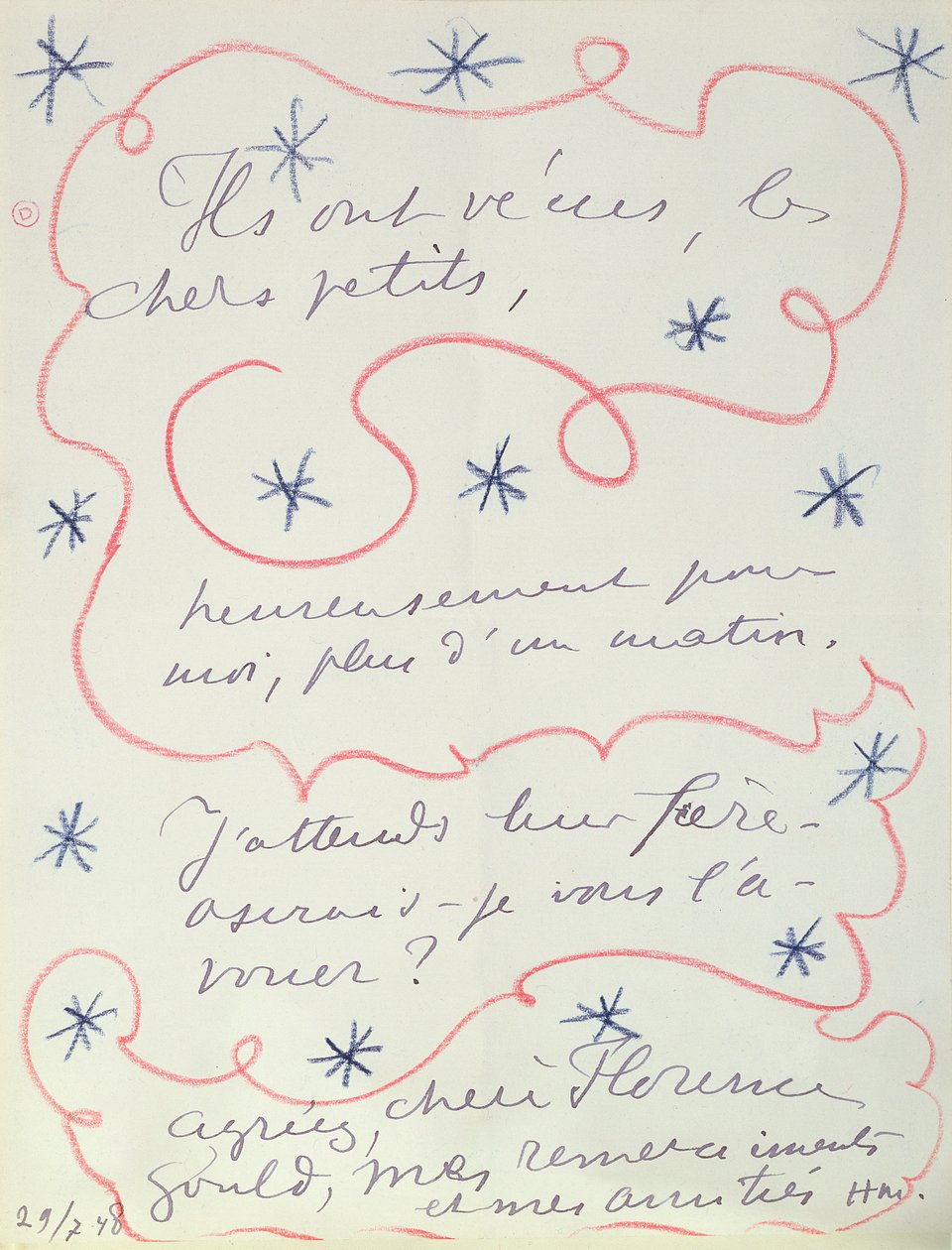 Brief van de schilder aan Florence Gould (geb. 1895), 29 juli 1948 (pen  krijt op papier) door Henri Matisse