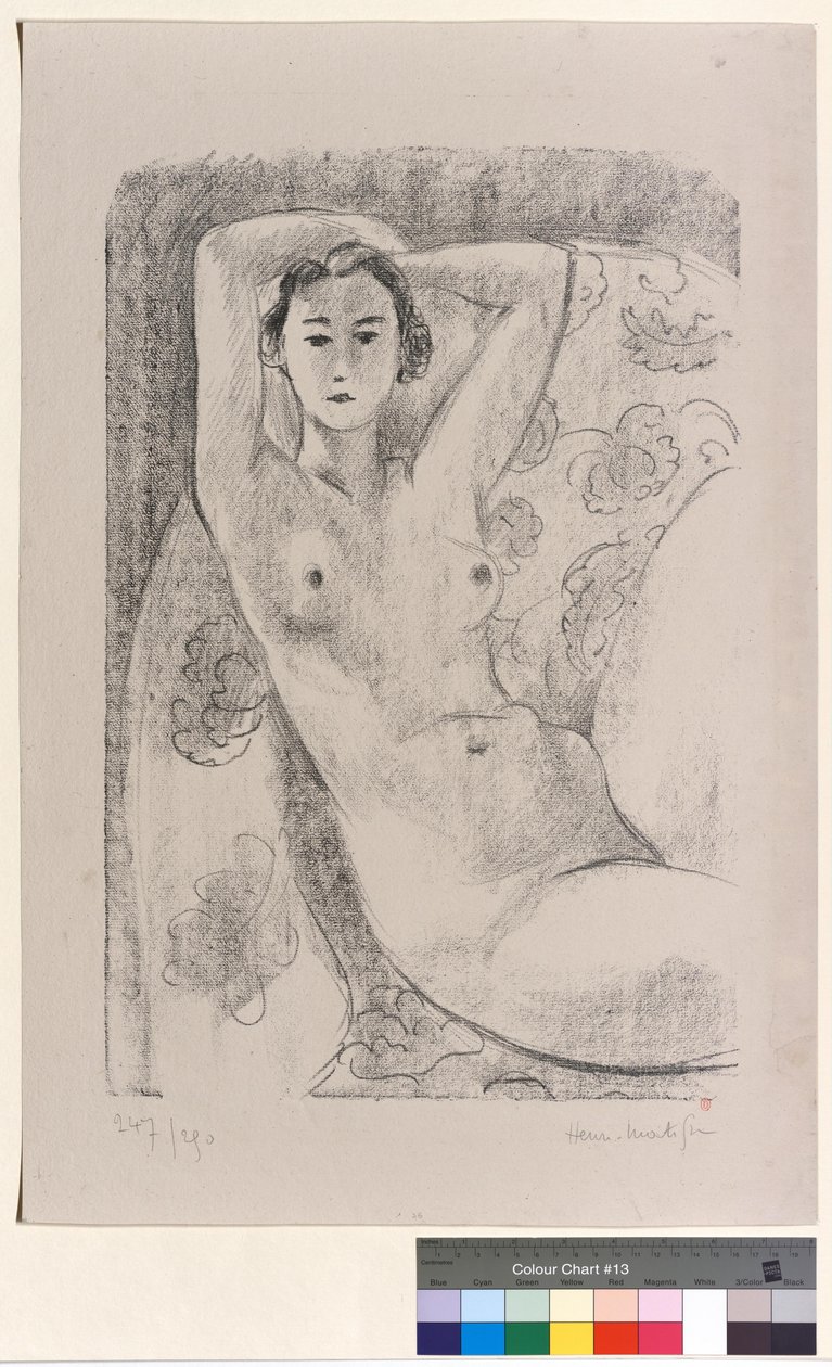 Nu zit hij in een fauteuil met een bloemmotief door Henri Matisse