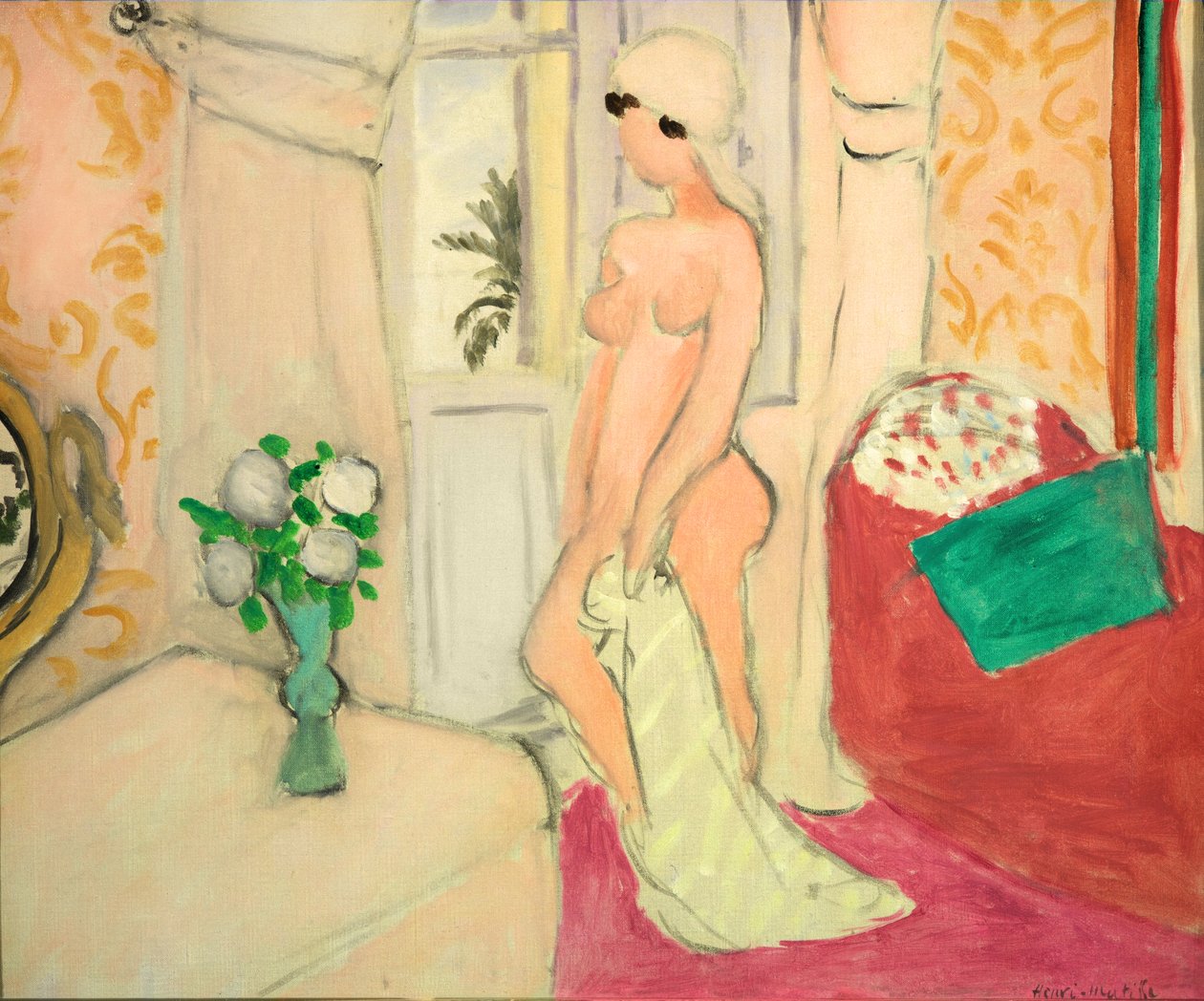 Roze naakt of Jong meisje met een vaas bloemen, ca.1920 (olieverf op doek) door Henri Matisse