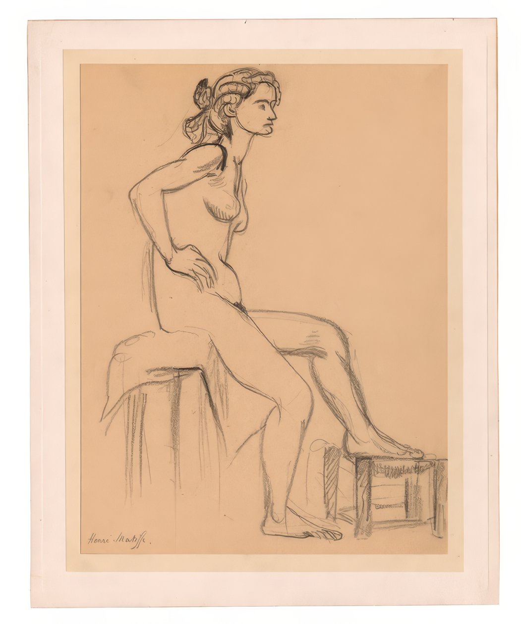Zittend vrouwelijk naakt, een voet op een kruk door Henri Matisse