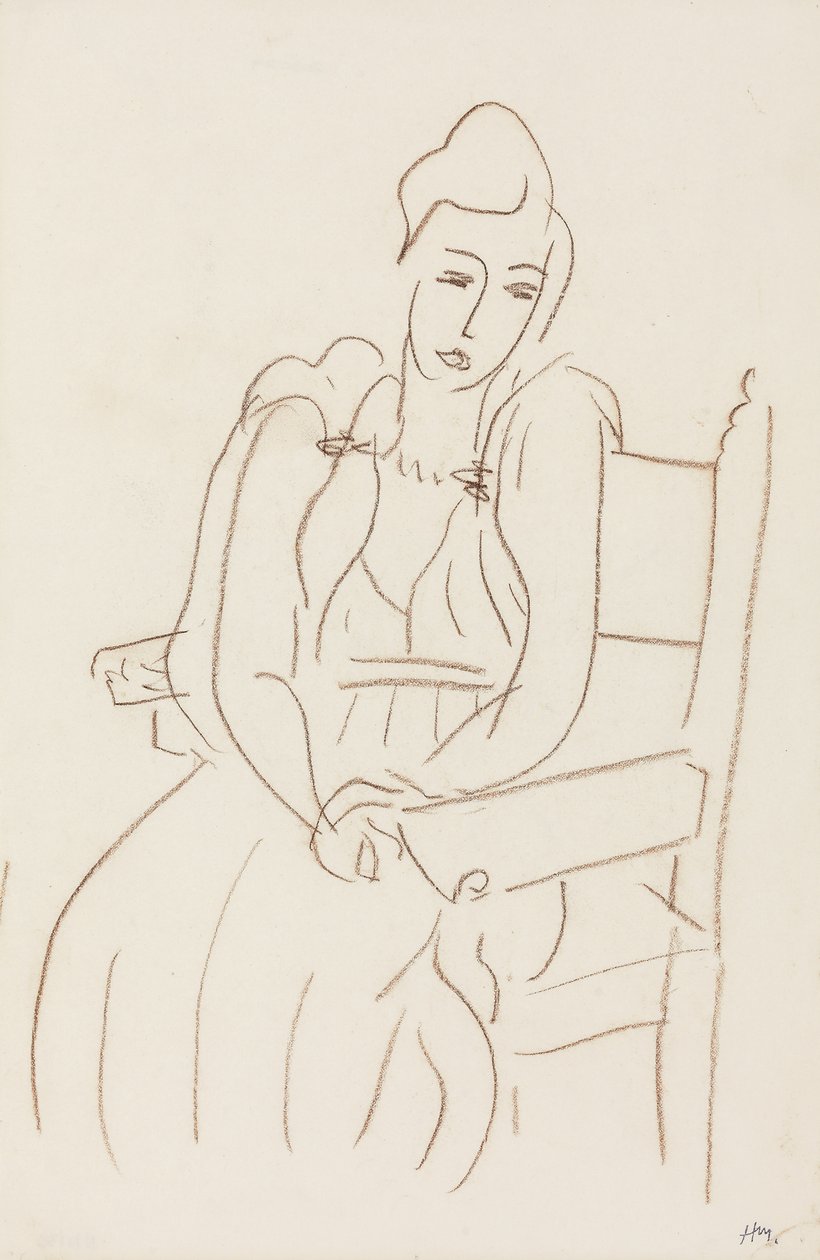Zittende vrouw (bruin waskrijt op papier) door Henri Matisse