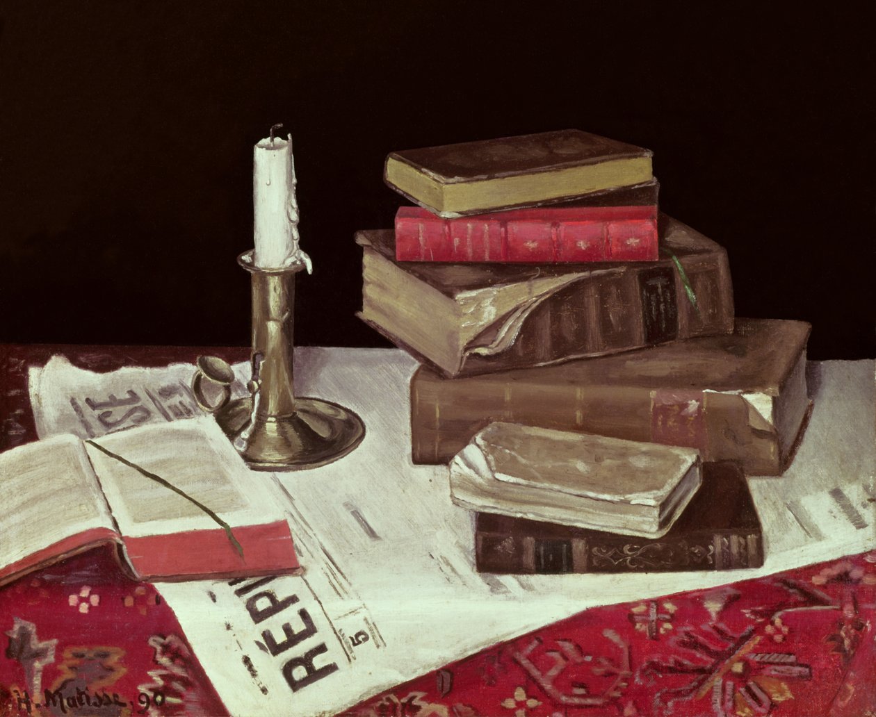 Stilleven met boeken en kaars door Henri Matisse