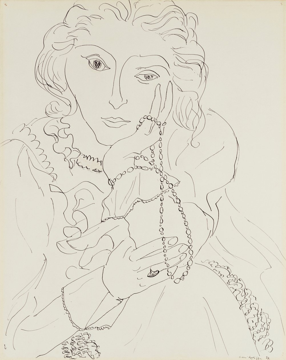 Vrouw met gerafeld overhemd en parelketting door Henri Matisse