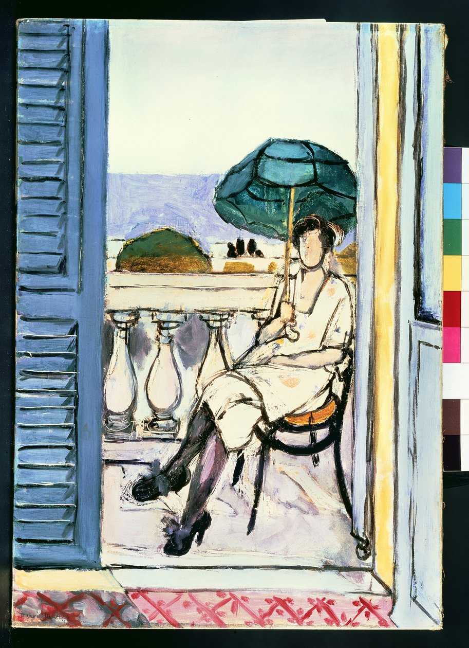 Vrouw met groene parasol op balkon door Henri Matisse