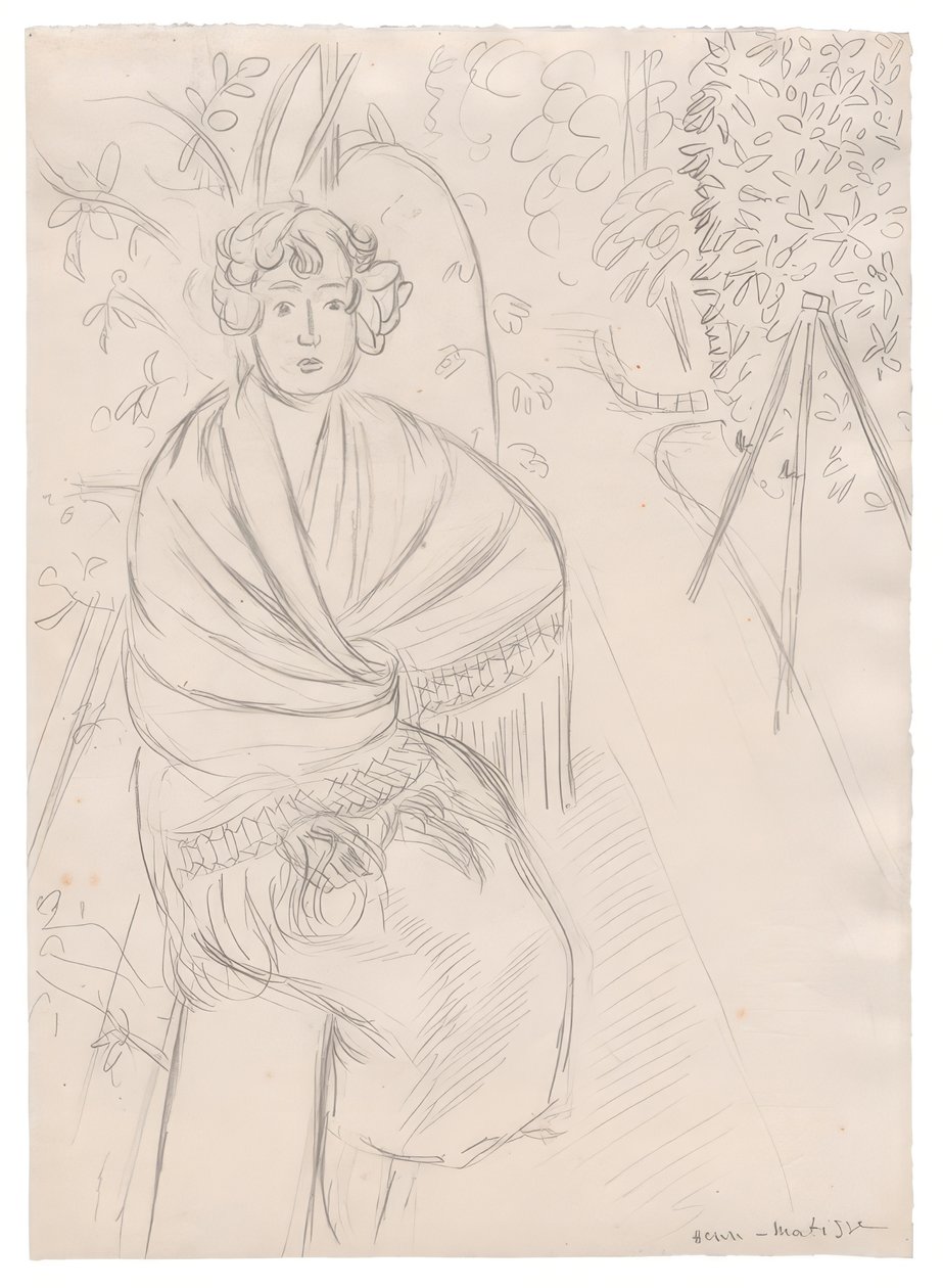 Vrouw met sjaal, in een tuin door Henri Matisse