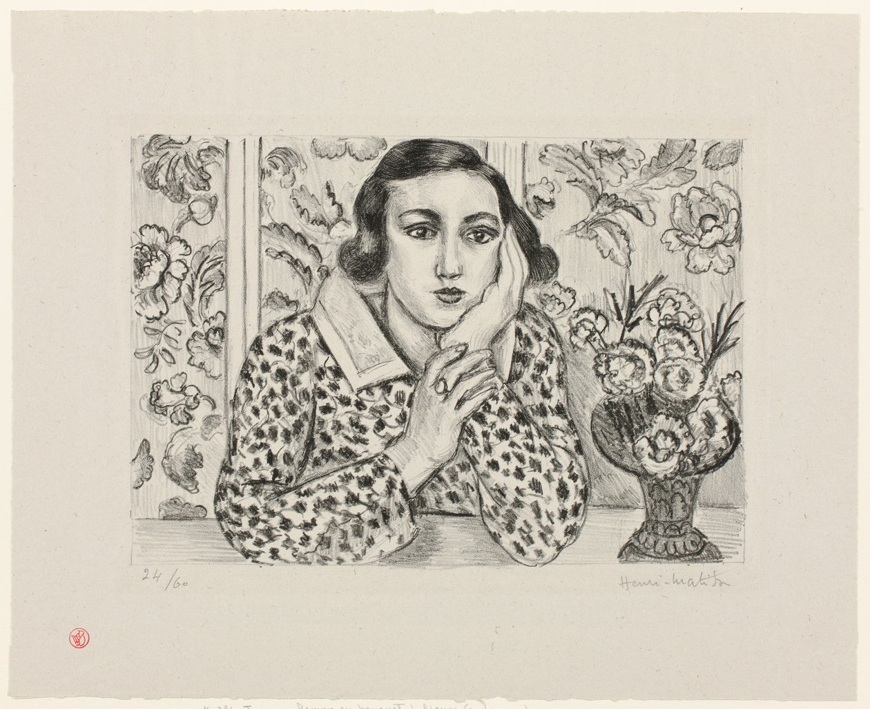 Jong meisje leunend tegen een scherm met bloemenmotief door Henri Matisse
