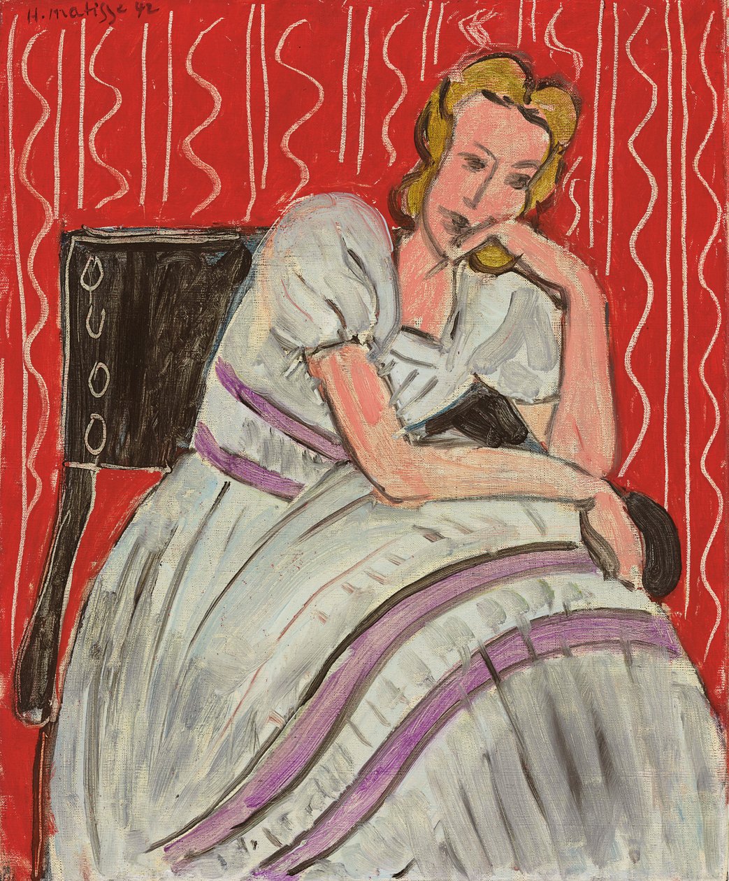 Jonge vrouw zittend in een grijze jurk door Henri Matisse