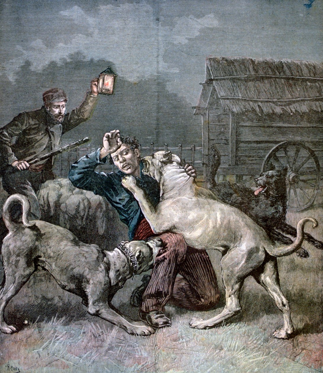 Een crimineel aangevallen door drie grote honden, 1891 door Henri Meyer