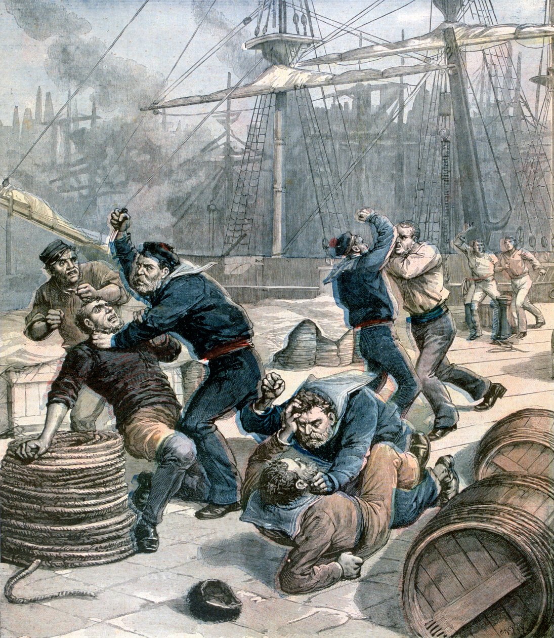 Ruzie tussen Engelse en Duitse zeelieden bij Millwall Docks, Londen, 1892 door Henri Meyer
