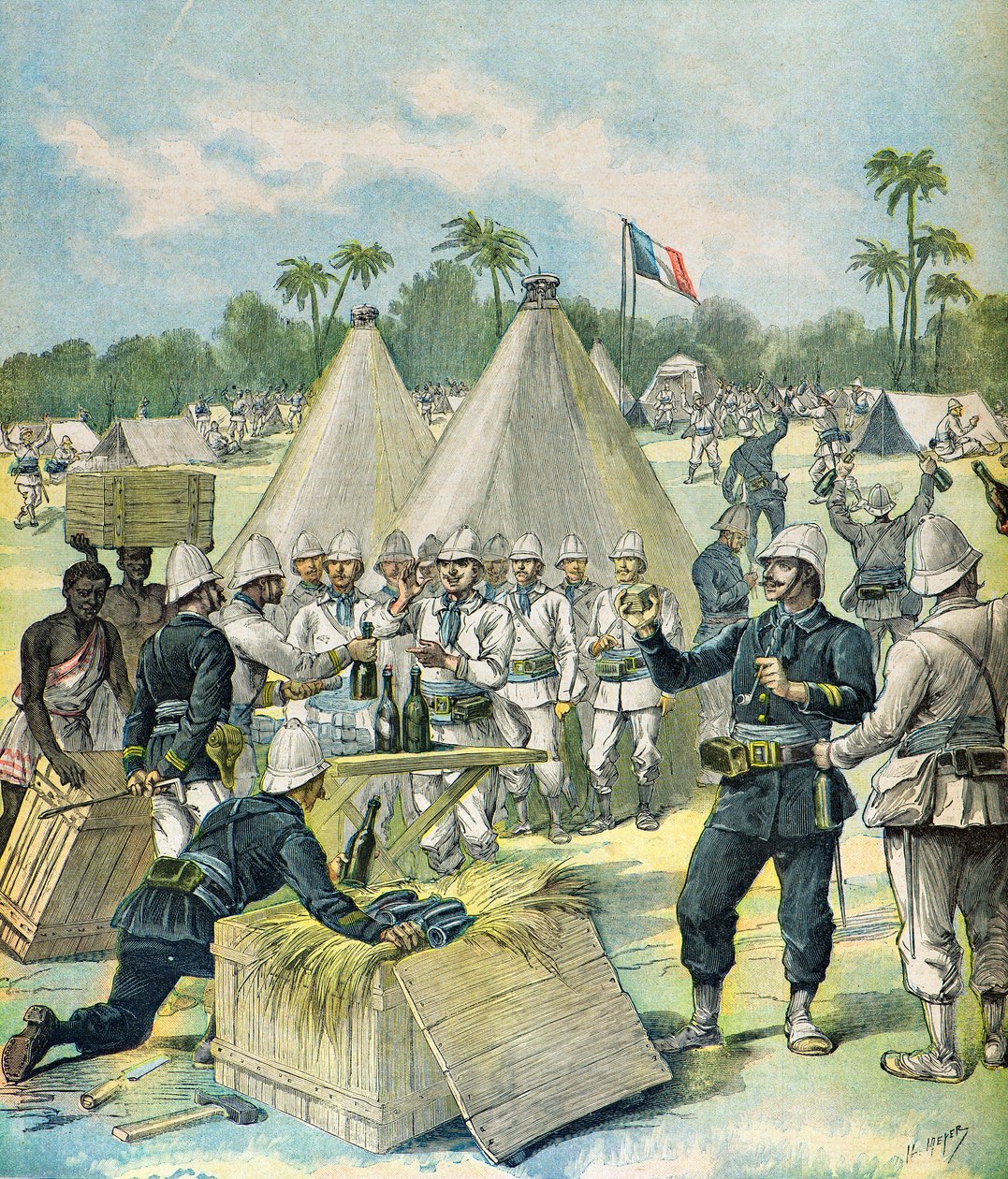 Distributie van alcohol aan koloniale troepen in Dahomey door Henri Meyer