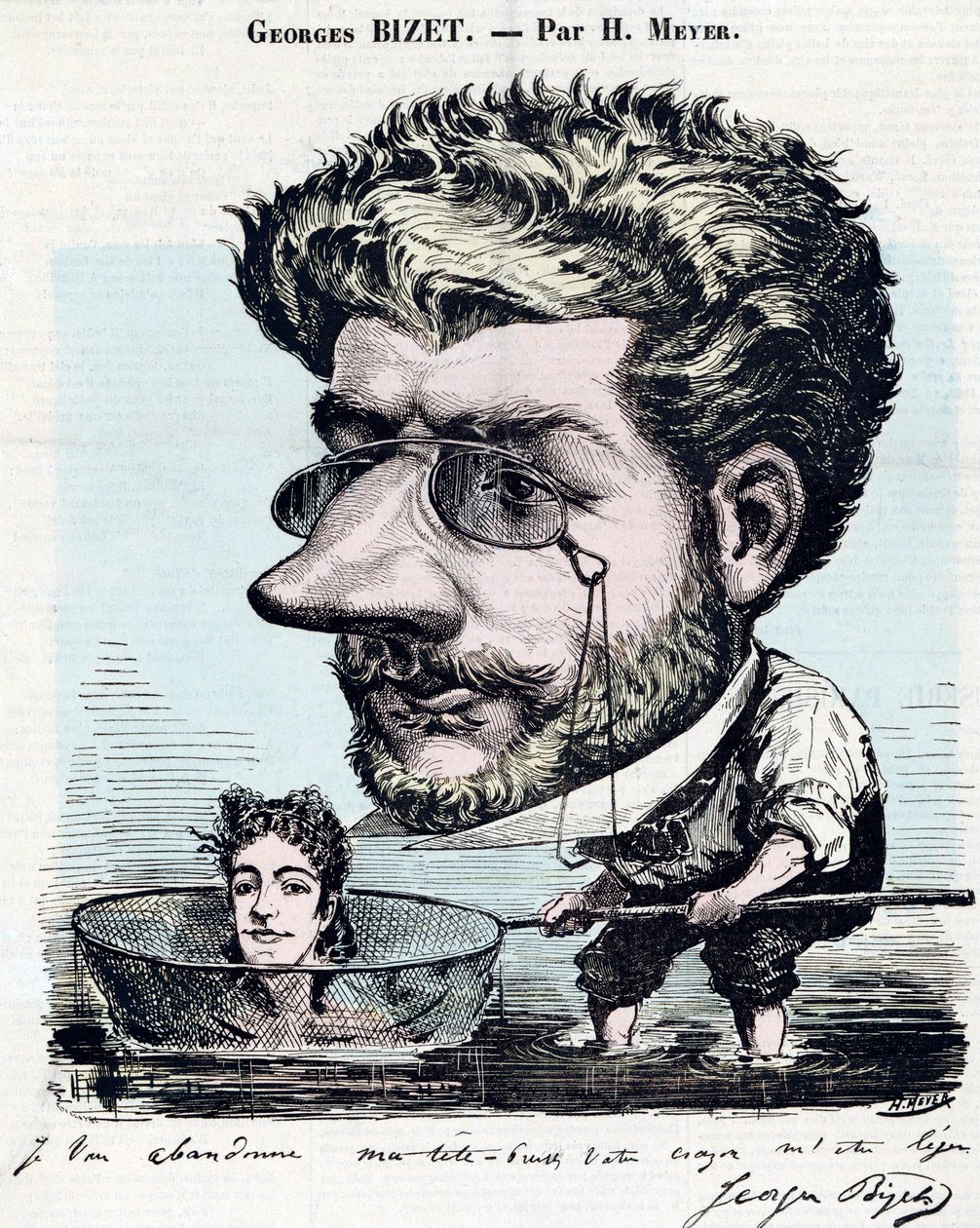 Georges Bizet (1838-1875), Franse componist - Karikatuur, met een handtekening van Bizet, door Henri Meyer voor 