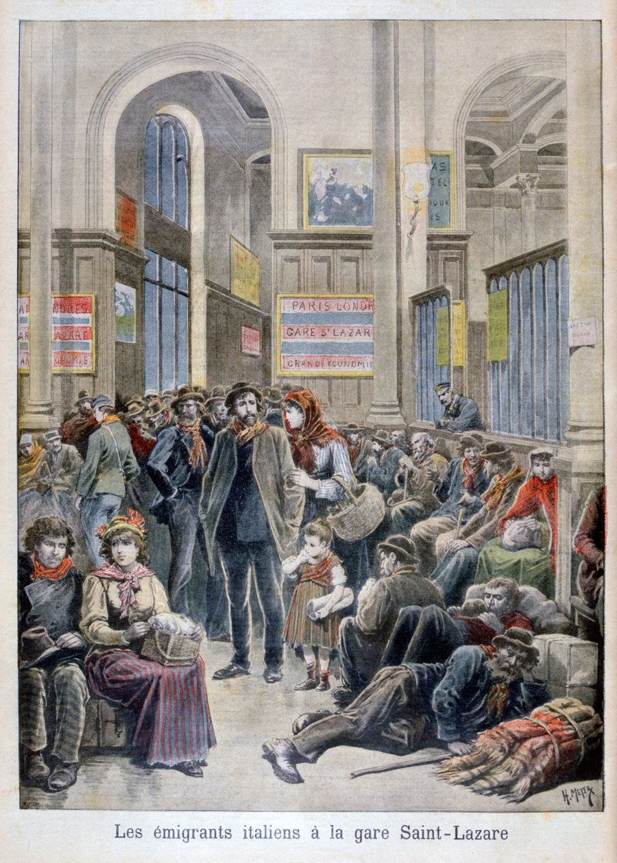 Italiaanse emigranten op het Gare Saint-Lazare, Parijs, 1896 door Henri Meyer