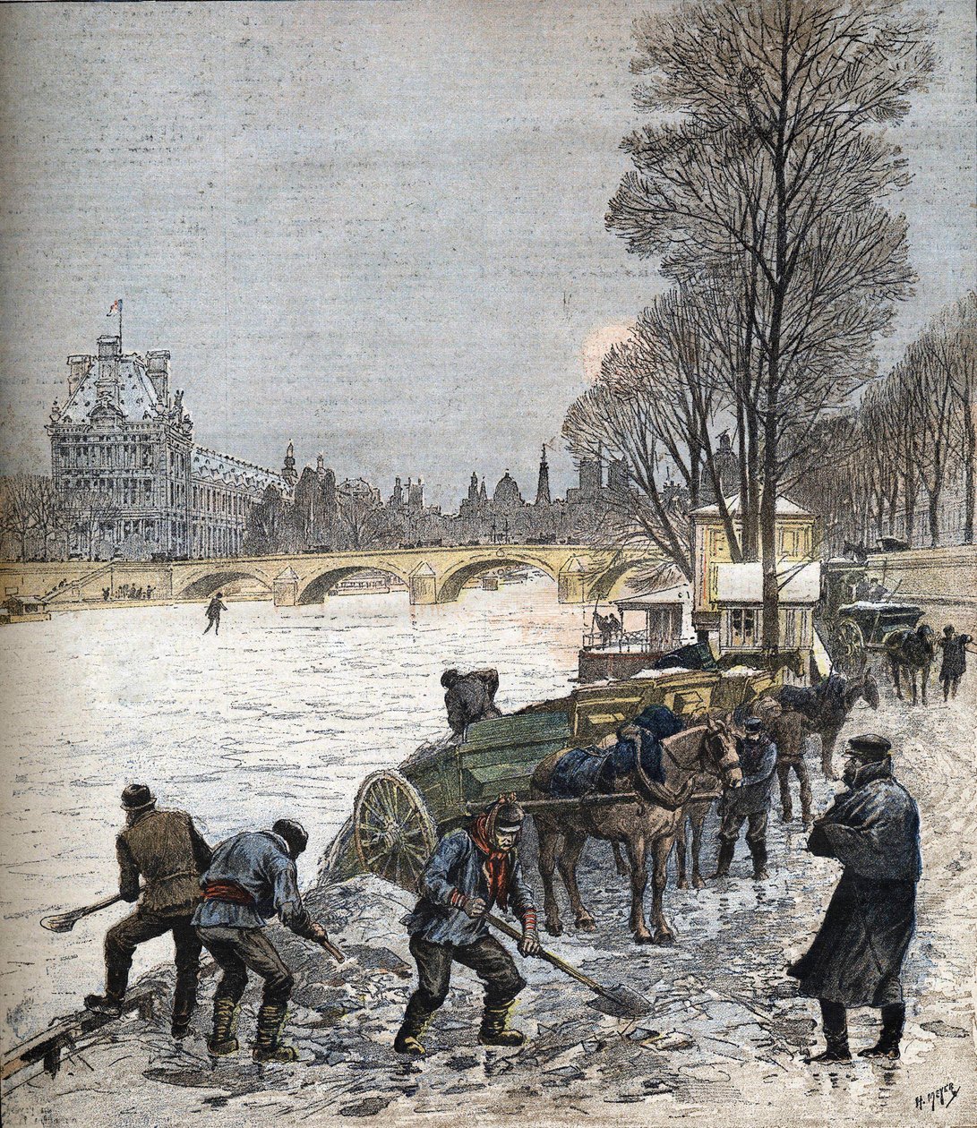 Parijs onder de sneeuw in 1895 Kleine krant van 1895 (gravure) door Henri Meyer
