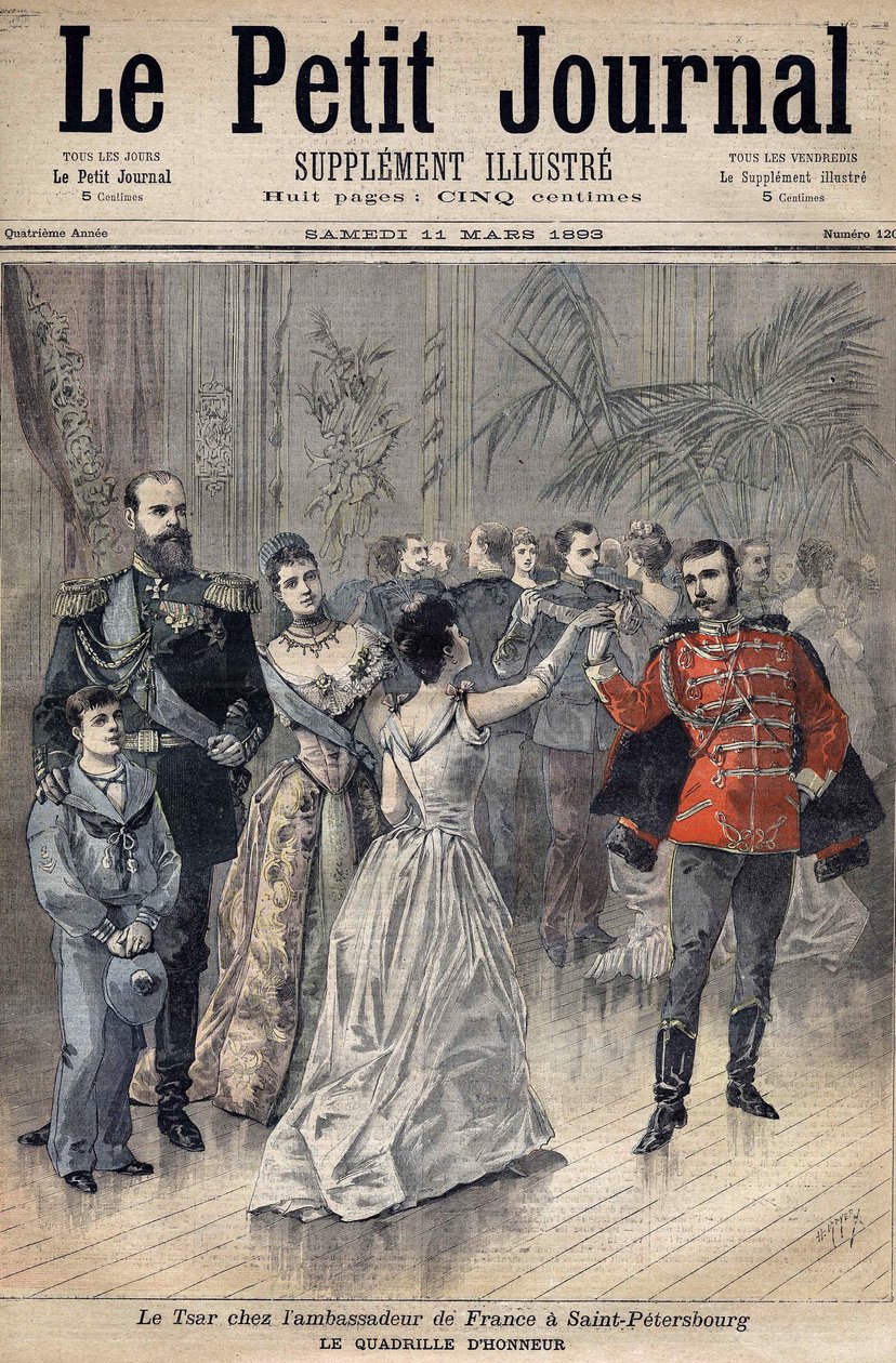 Tsaar Alexander III bij de ambassadeur van Frankrijk De Graaf van Montebello in St. Petersburg in 1893. Eer rooster. Omslag van Le Petit Journal 1893 (gravure) door Henri Meyer