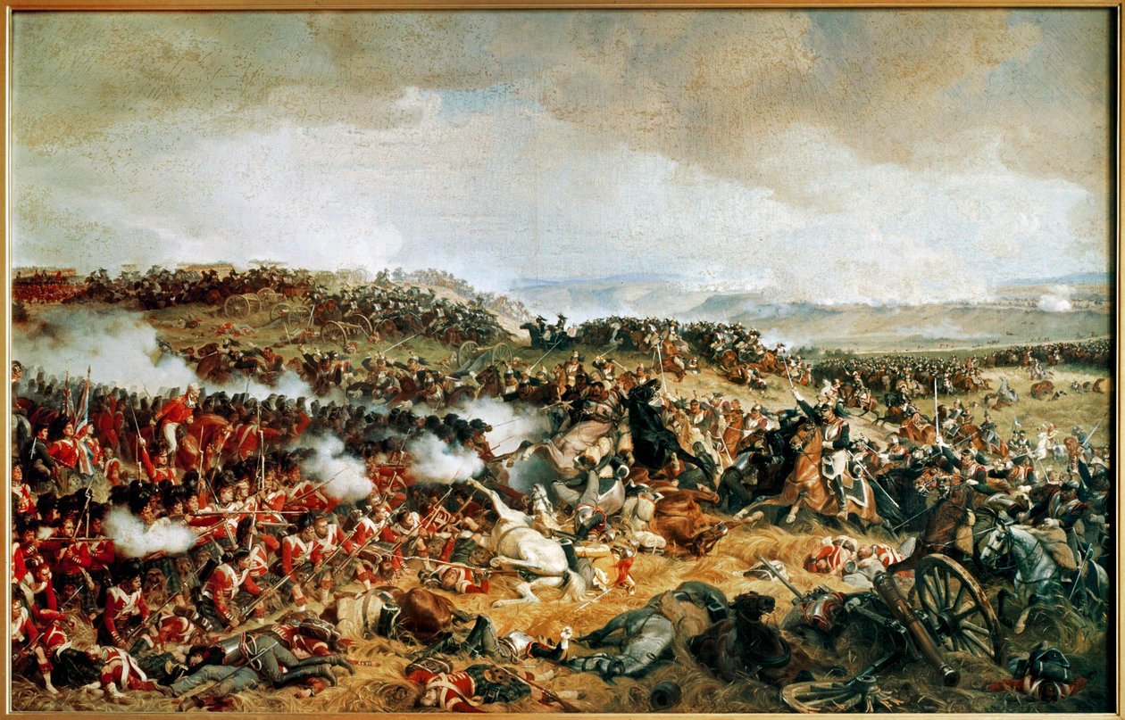 De Slag bij Waterloo 1815 - Franse cavaleristen vallen Schotse Hooglanders aan ... (schilderij op canvas) door Henri Philippoteaux