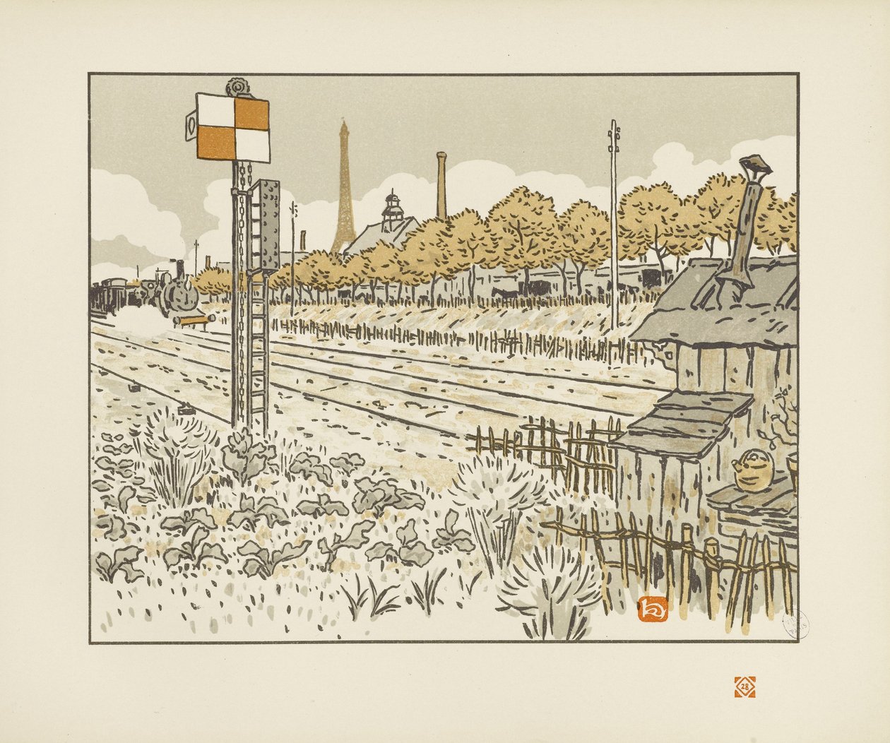 Vanaf de Quai de Javel (wisselwachtershut) [De zesendertig gezichten op de Eiffeltoren] door Henri Rivière