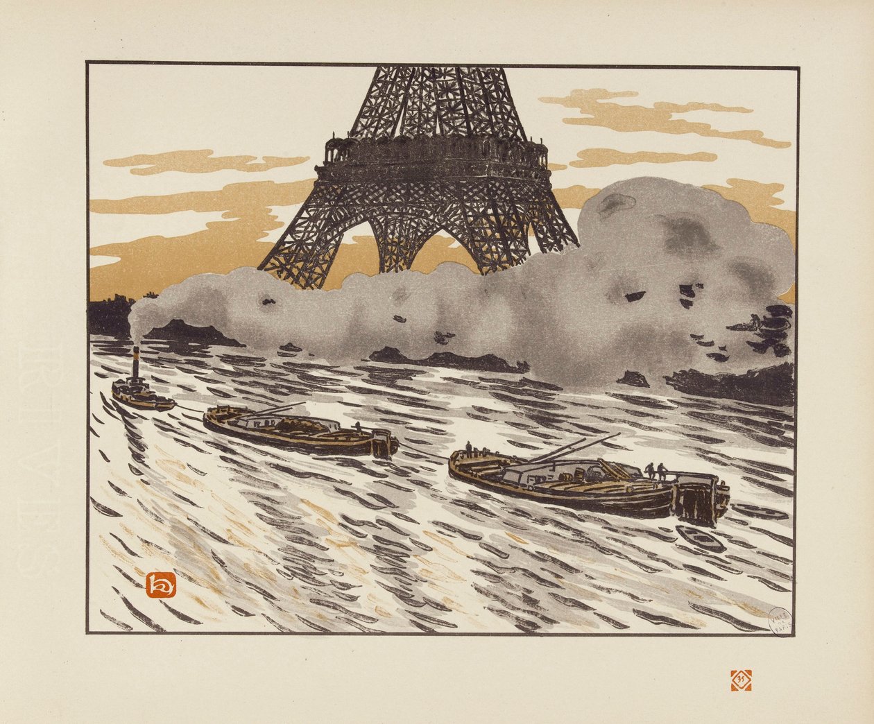 De binnenschepen [De zesendertig gezichten op de Eiffeltoren] door Henri Rivière