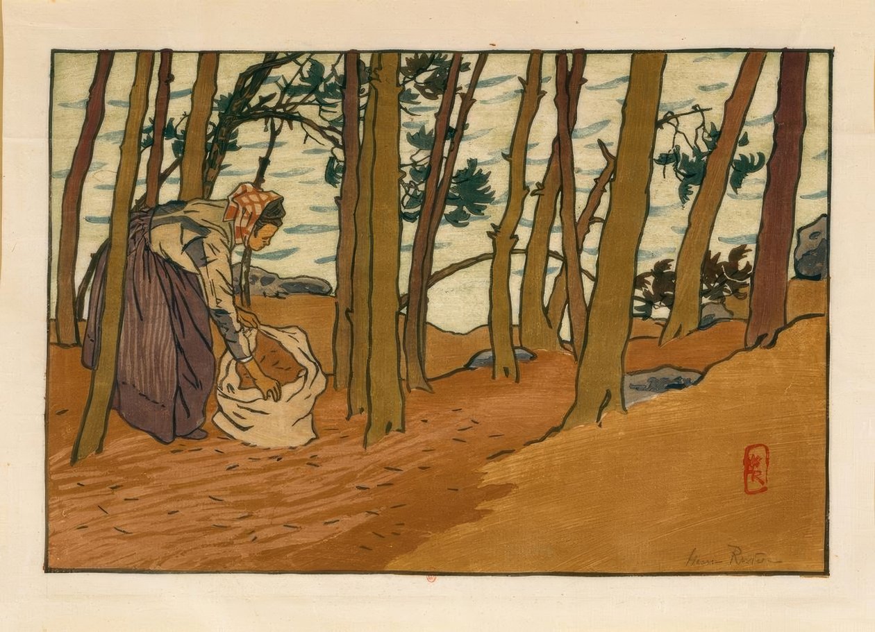 Vrouw die dennennaalden verzamelt (Bords du Trieux, Loguivy) door Henri Rivière