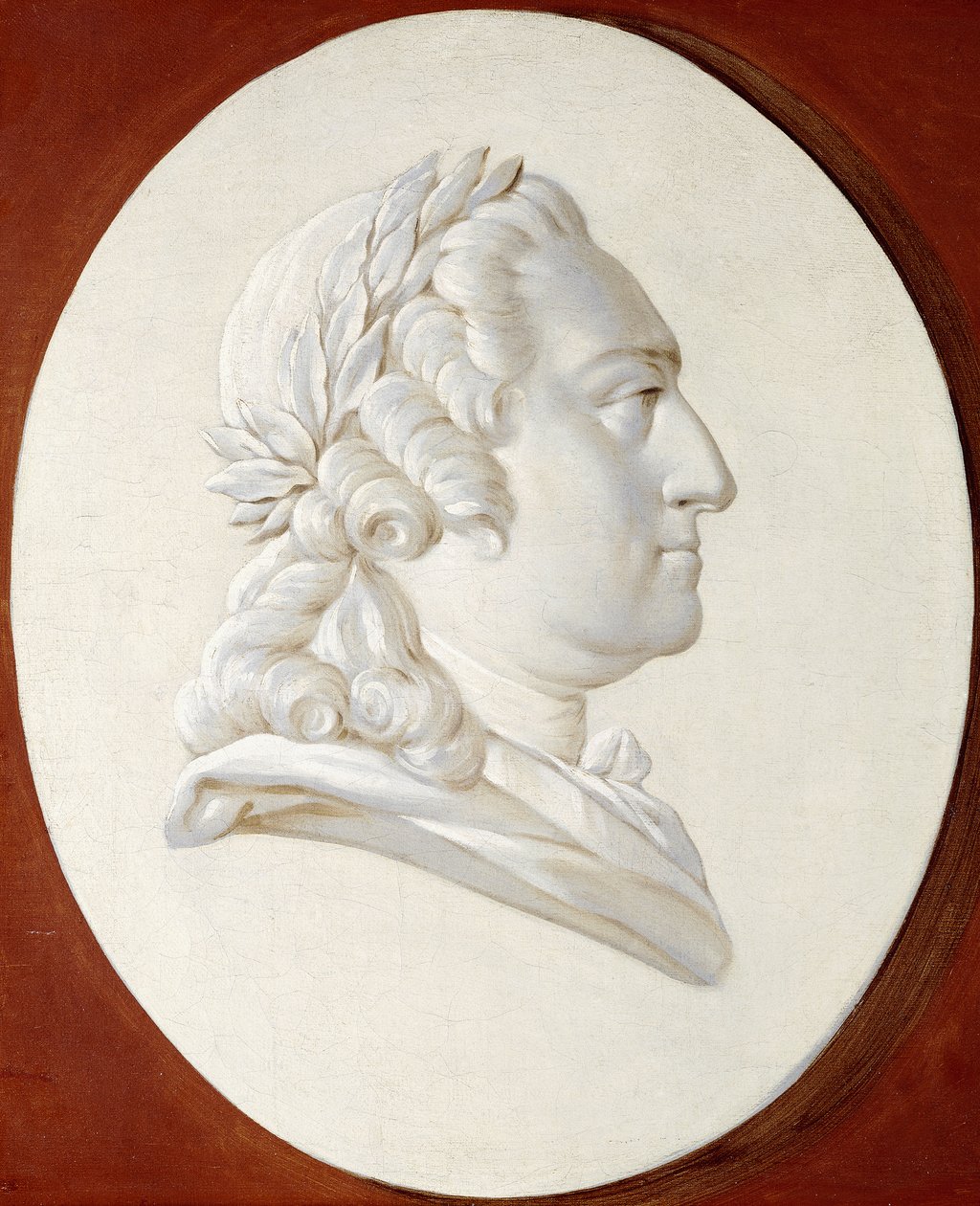 Portret van Koning Lodewijk XV, borstbeeld, in een geschilderd ovaal, een Trompe l