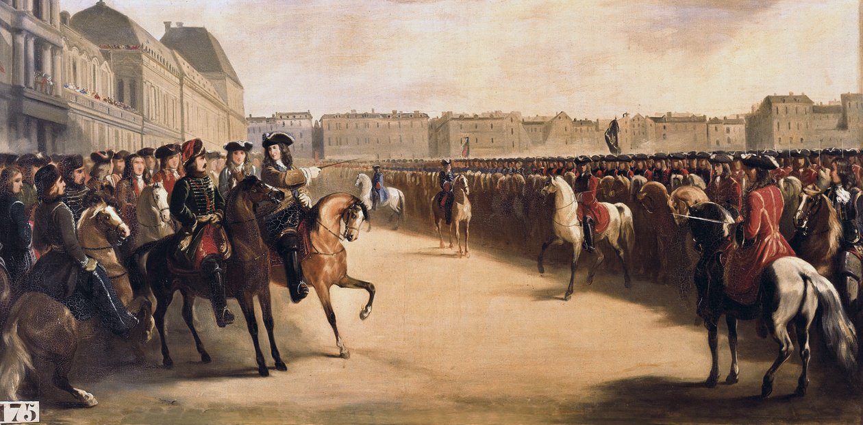Tsaar Peter I de Grote van Rusland (1672-1725) vergezeld door de regent Filips II hertog van Orléans (1674-1723) tijdens zijn bezoek aan Frankrijk inspecteert de bereden troepen in de Tuilerieën (Parijs) op 16/06/1717 door Henri Serrur
