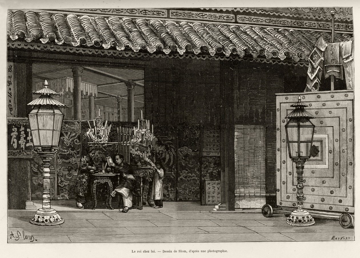 Koning Dong Khanh (1864-1889) Keizer van Annam, thuis in de keizerlijke stad Hue (Vietnam). Gravure door Thiriat, ter illustratie van het verhaal 