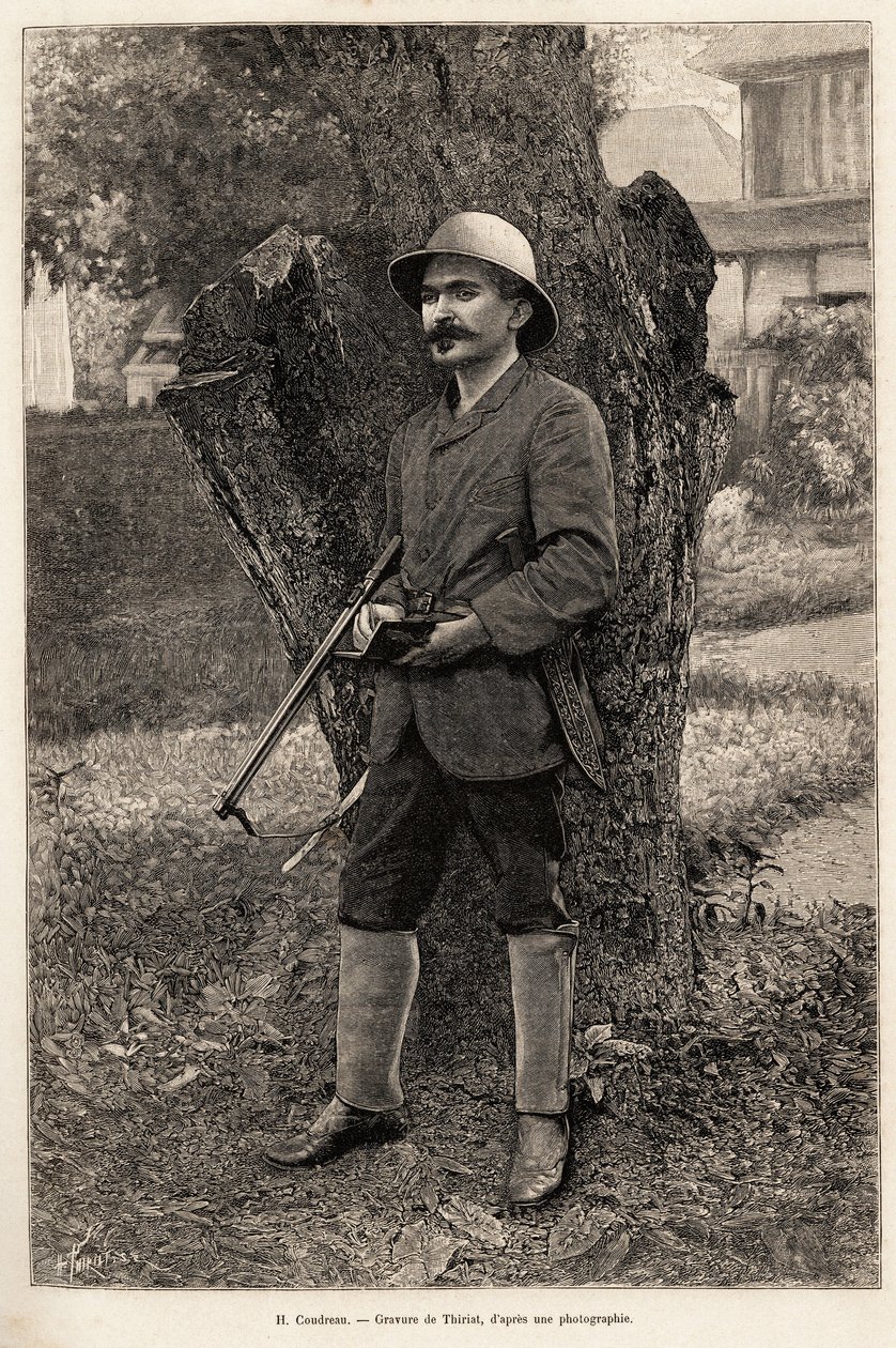 Portret van Henri Coudreau (1859-1899), professor in de geografie en ontdekkingsreiziger van de Amazone (Brazilië). Gravure door Thiriat ter illustratie van het verhaal 