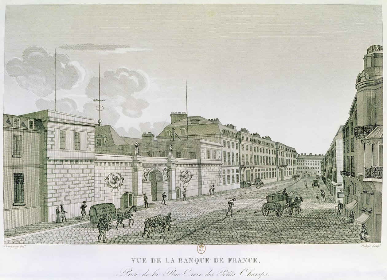 De Bank van Frankrijk vanaf Rue Croix-Petits-Champs, gegraveerd door Eugene Dubois, 1800 door Henri after Courvoisier Voisin