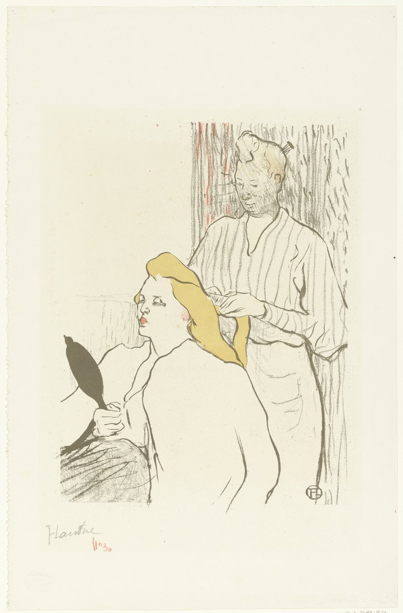 Kapster kamt haren van zittende vrouw met spiegel in hand door Henri de Toulouse Lautrec (signed by artist)
