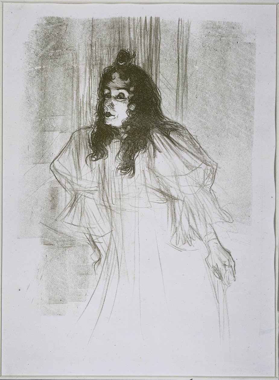Portret van May Belfort (May Egan) met twee figuren en een piano door Henri de Toulouse Lautrec (signed by artist)