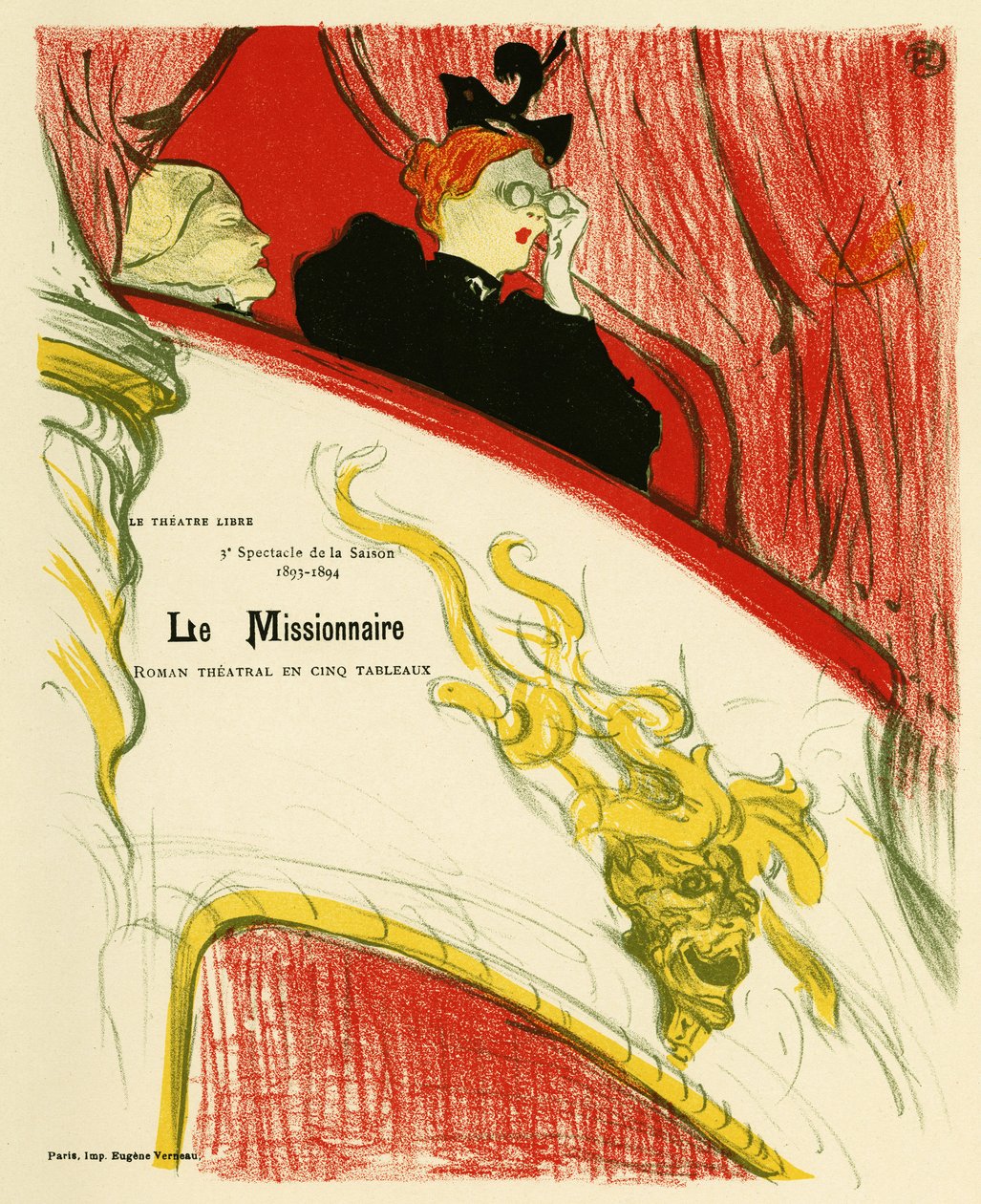 Een vrouw in een theaterkleedkamer met een verrekijker door Henri de Toulouse Lautrec