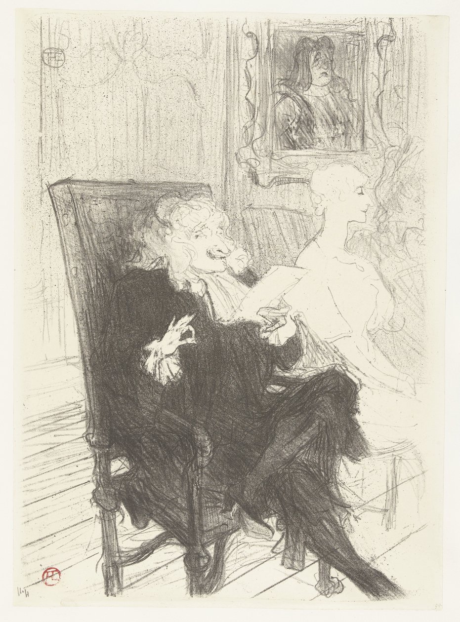 Acteurs Jules Charles Truffier en Marguerite Moreno in toneelstuk Les femmes savantes door Henri de Toulouse Lautrec