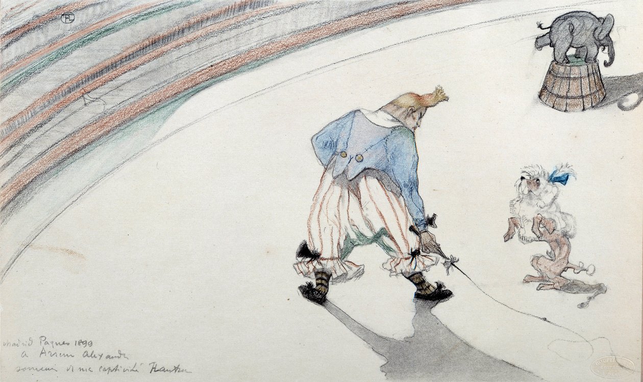 Circusscène: dressuur. Een clown met een geleerde hond en een acrobatische olifant. Tekening door Henri de Toulouse Lautrec door Henri de Toulouse Lautrec
