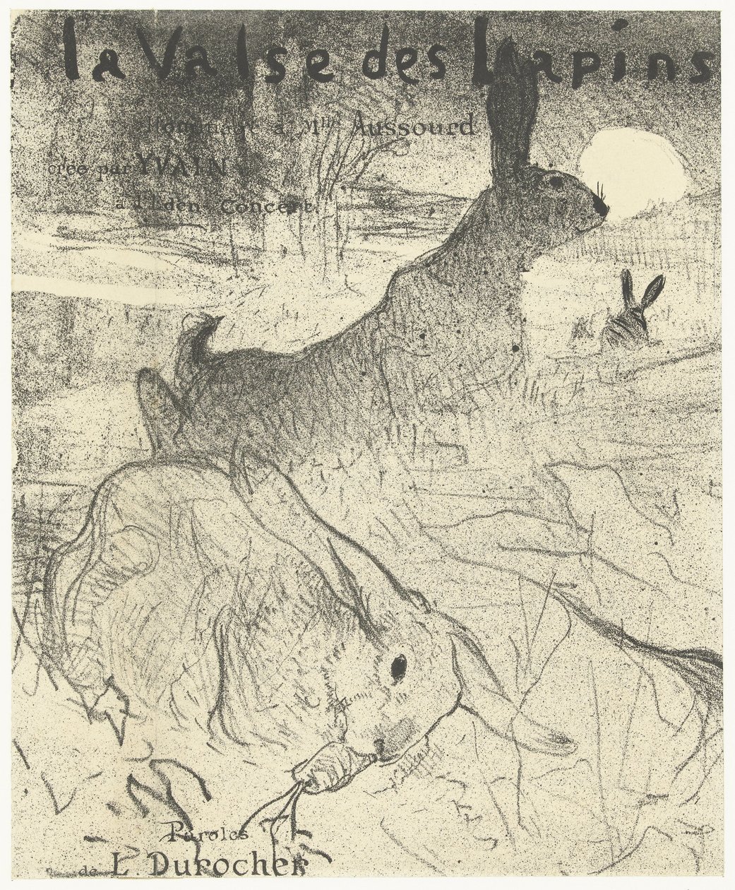 Omslag voor muziekblad met lied La Valse des Lapins met konijnen in landschap door Henri de Toulouse Lautrec